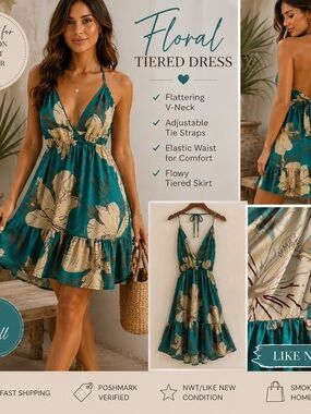 Floral Tiered V-Neck Mini Dress — Teal Floral